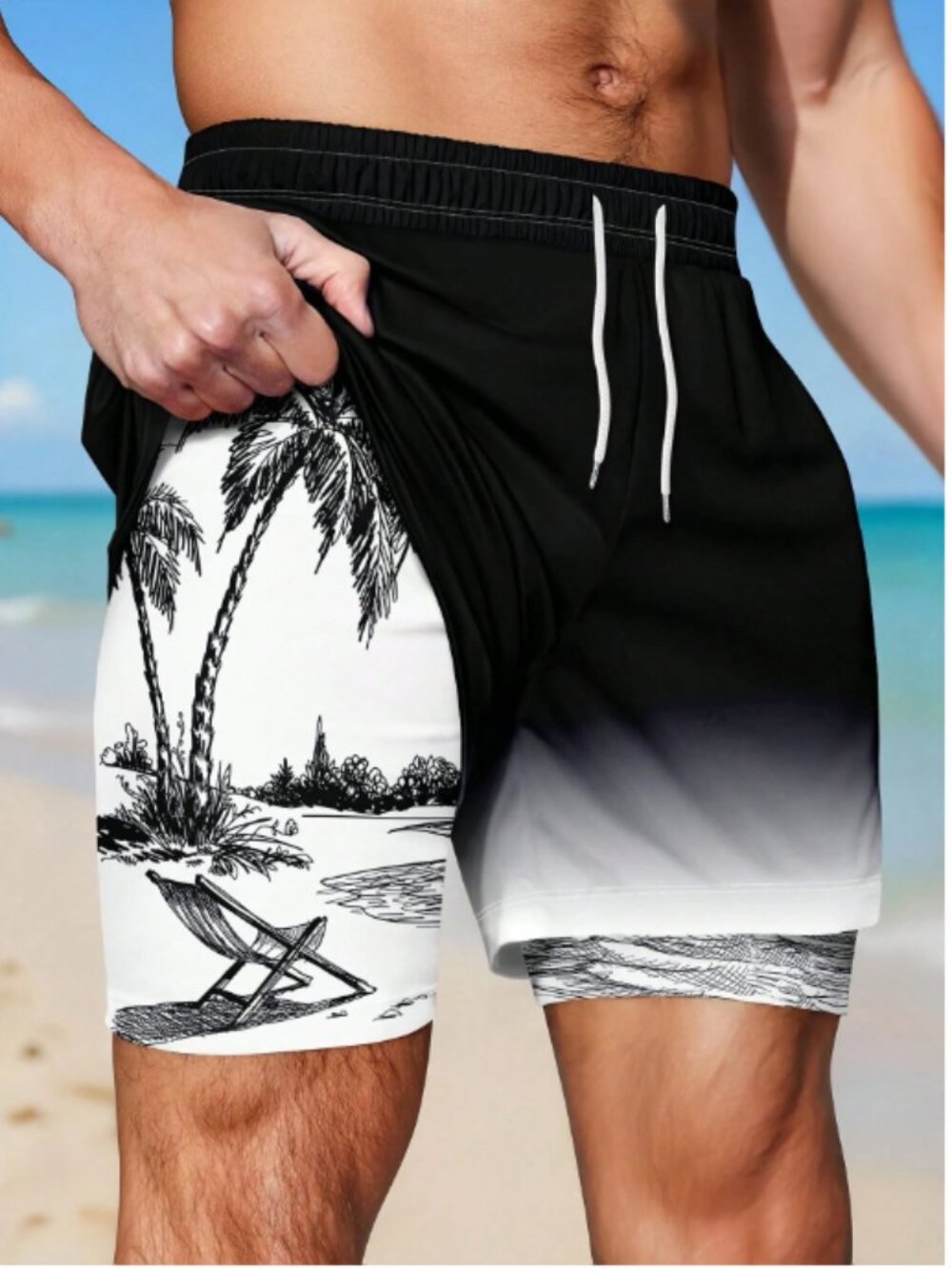 Men's Beach Vacation Printed Lining Drawstring Shorts